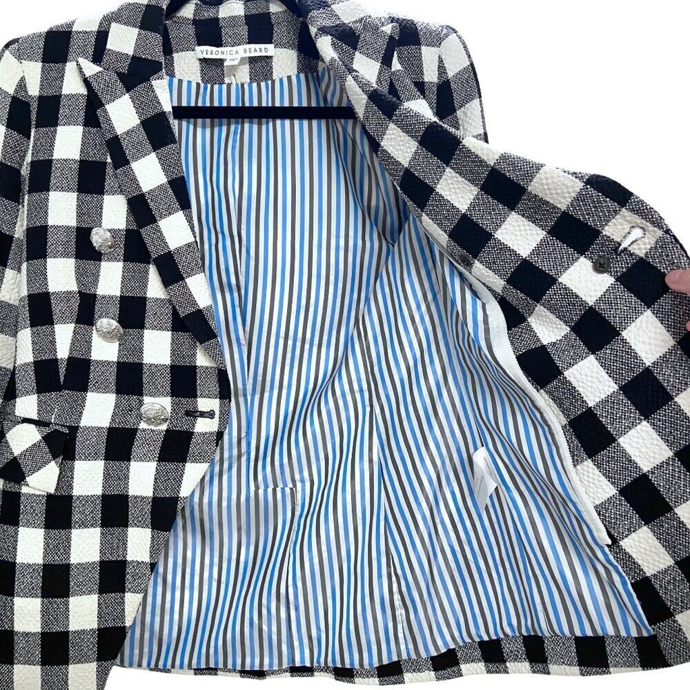 Veronica Beard Miller Dickey Tweed Blazer Black White Gingham Double Breast Sz 0 - Picture 11 of 15